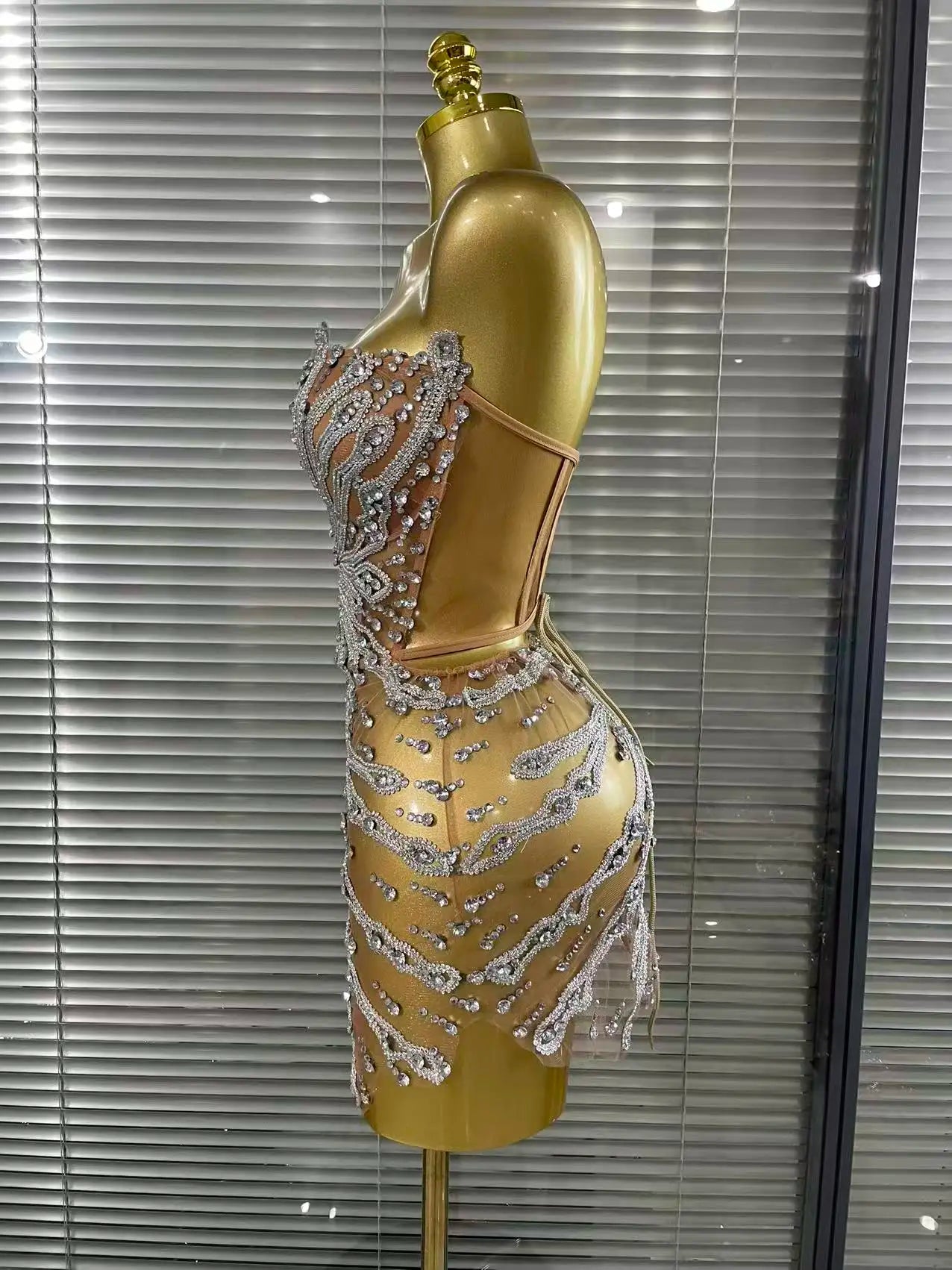 Shining Sequins Women Sexy Strapless Mesh See Through Bodycon Mini Dress Nightclub Party Celebrate Birthday Stage Wear