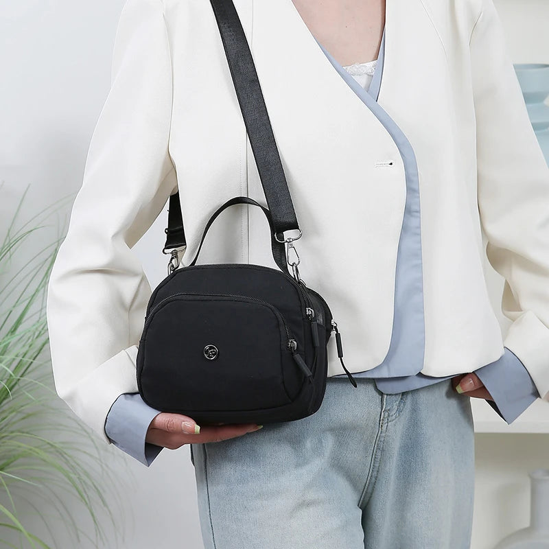 Women Nylon Handheld Bag Small Crossbody Shoulder Purse Lightweight Multi Functional Tote Casual Daily Travel Solid Color Black
