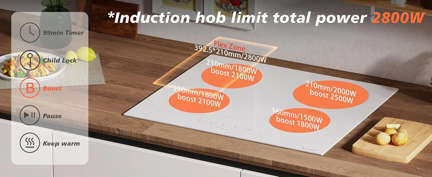 Karinear Induction Hob 4 Zones with Plug, 59CM, 3500W, White Ceramic Glass, Combination Zones, Sliding Controls, 9 Power Levels