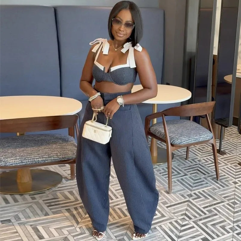 Pant Set Women Two Piece Sets Strapless Sleeveless Sexy Tops Wide Leg Long Pants High Waist Y2k Streetwear Elegant Slim Fit