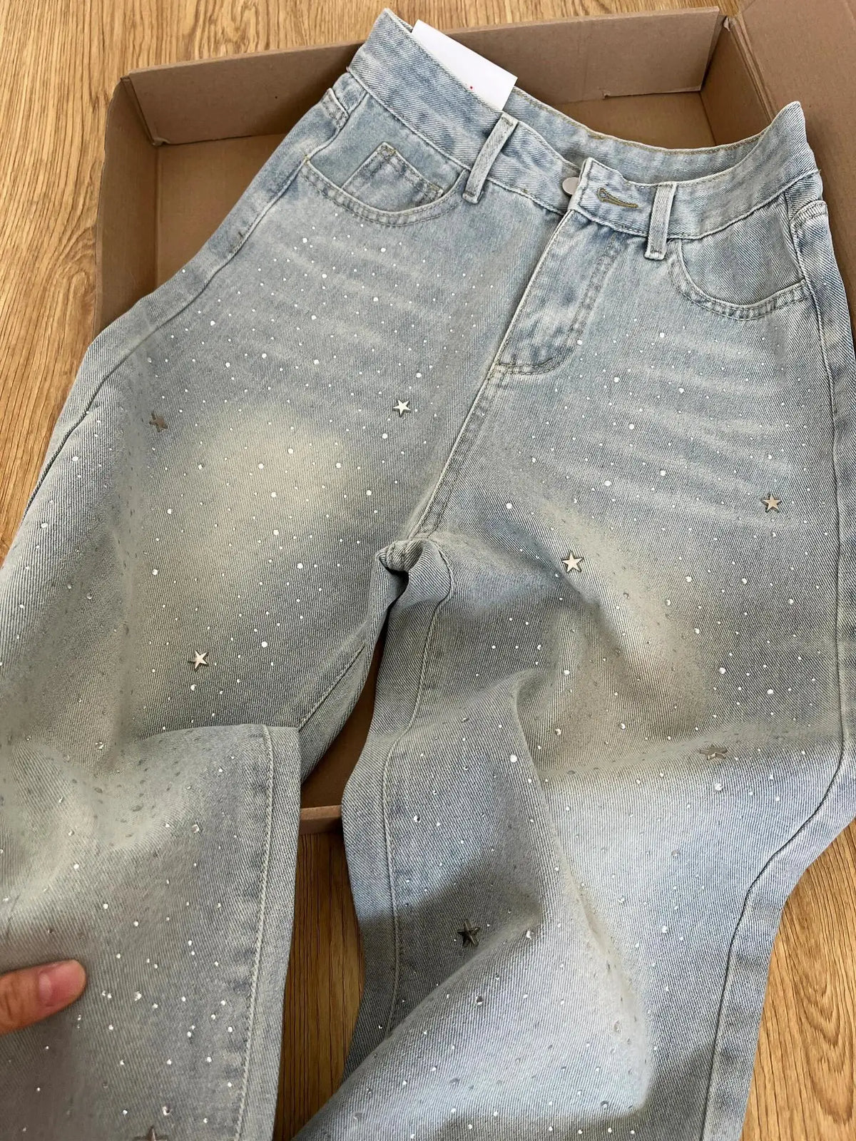 Women's 2025 Autumn New Light Blue Hot-Selling Rhinestone Straight Jeans High Waist Wash Jeans Loose Slimming Wide Leg Trousers
