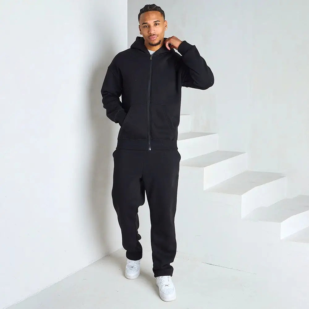 Mens Oversized Zip Up Hooded Jacket Elastic Cuff Jogger Pants Two Piece Casual Tracksuit Set