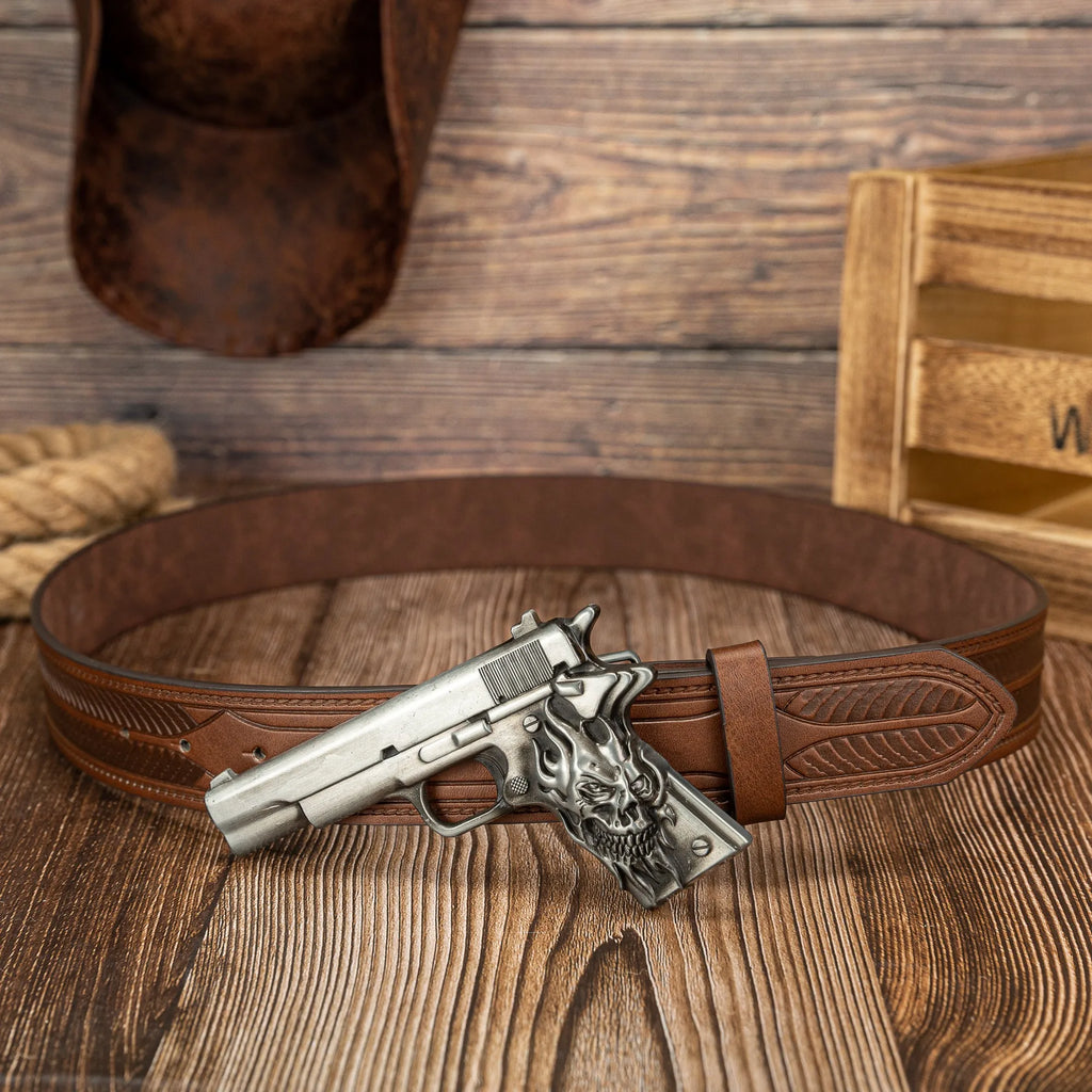 The ghost head element pistol craftsmanship large buckle striped PU embossed button personalized casual men's belt