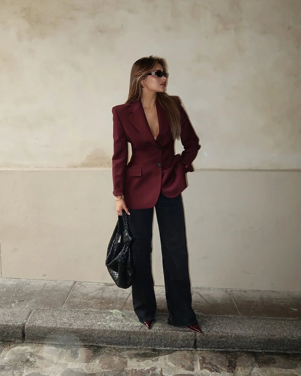 Women Burgundy Waist Cinching Blazer Coat Fashion Full Sleeve Lapel V-neck Button Slim Jacket 2026 Lady Spring Autumn Outwear