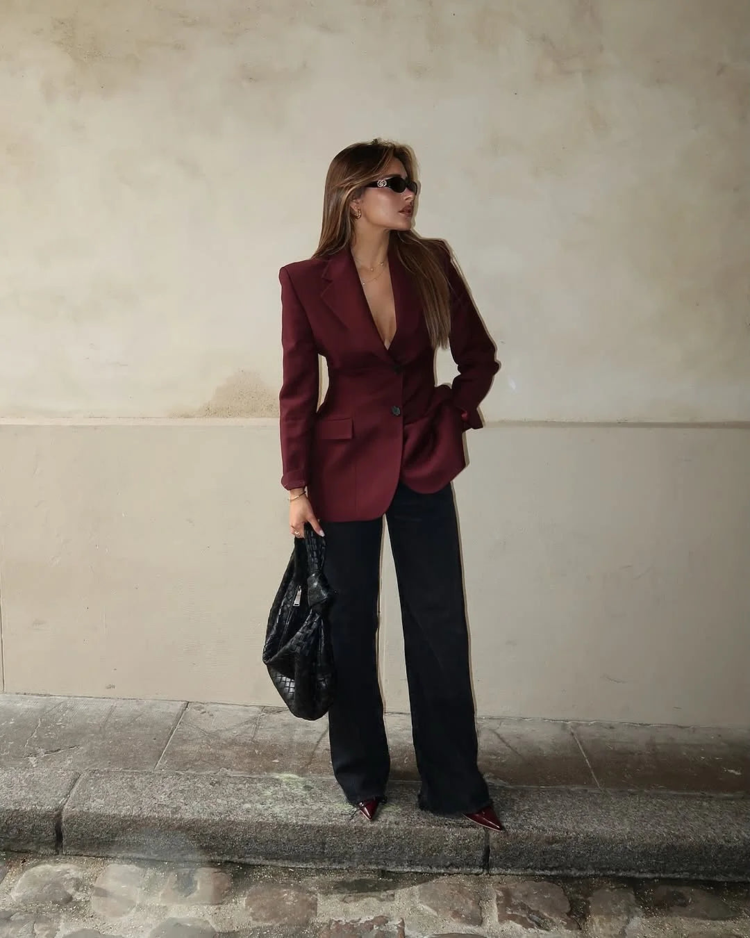 Women Burgundy Waist Cinching Blazer Coat Fashion Full Sleeve Lapel V-neck Button Slim Jacket 2026 Lady Spring Autumn Outwear