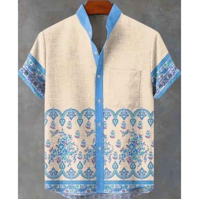 New Retro Tribal Totem Pattern Printing men's New Linen Comfortable Fabric short-sleeved Shirt Tribal Ethnic Style Fast Delivery