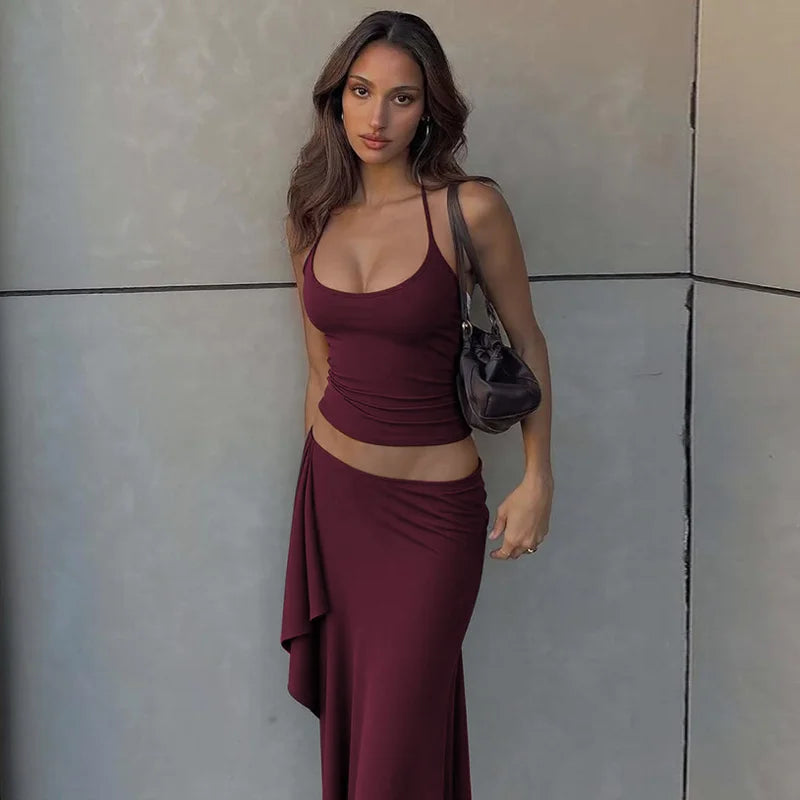 Hugcitar Fashion 2 Pcs Sets Halter Solid Backless Lace Up Sexy Crop Tank Top Ruched Maxi Skirt Women Outfit Beach Vacation Sport