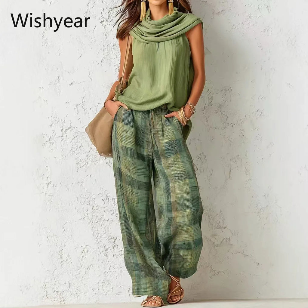 Women’s Casual Pants Set Sleeveless Draped Neck Top and High Waist Plaid Wide Leg Trousers 2 Piece Suit for Office Vacation Club