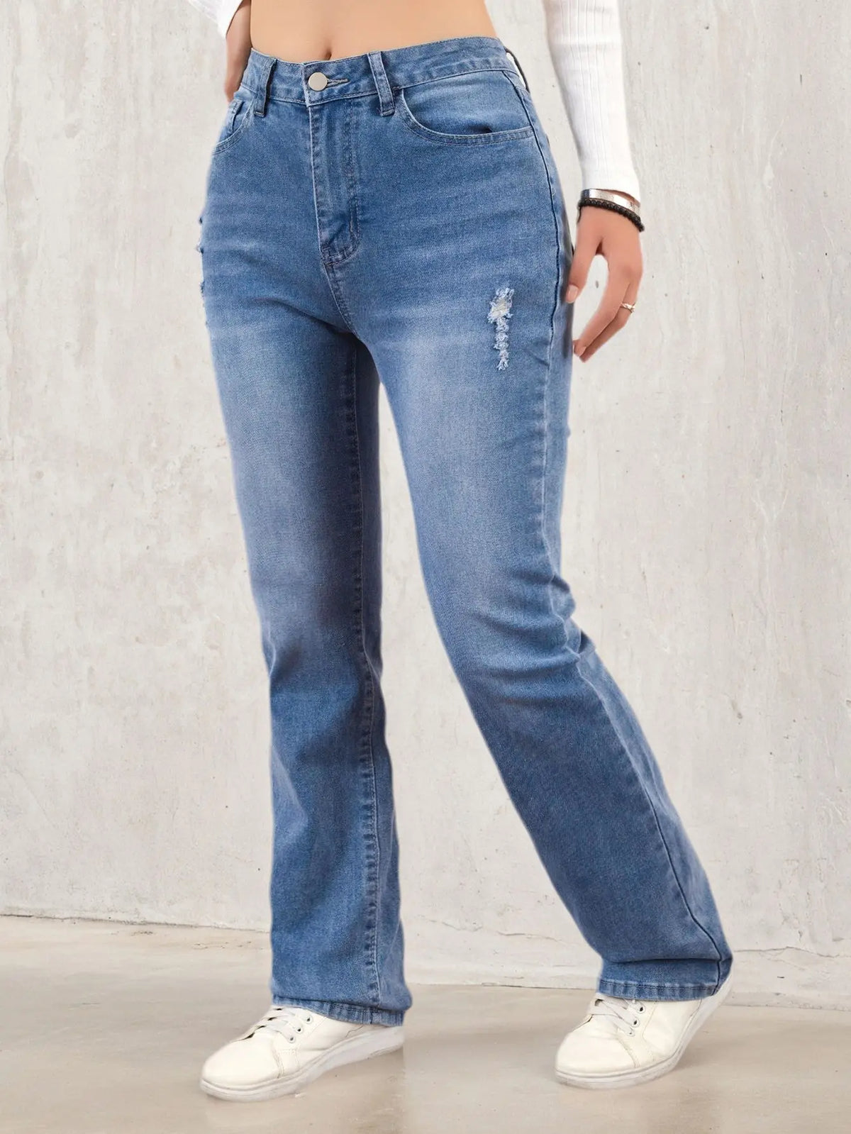 Women's denim pants suitable for all seasons light blue simple casual fashionable versatile elastic perforated flared pants