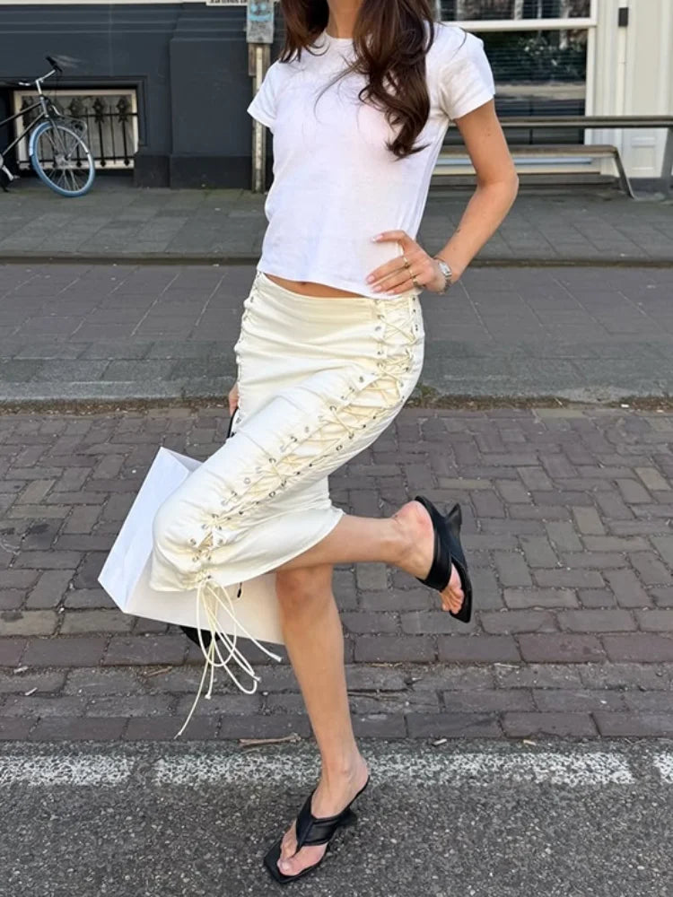 Women Double Side Lace Up Midi Skirt Metal Eyelet Crisscross Tie Bodycon Pencil Skirt Slim High Waist Streetwear Mid Calf Skirt
