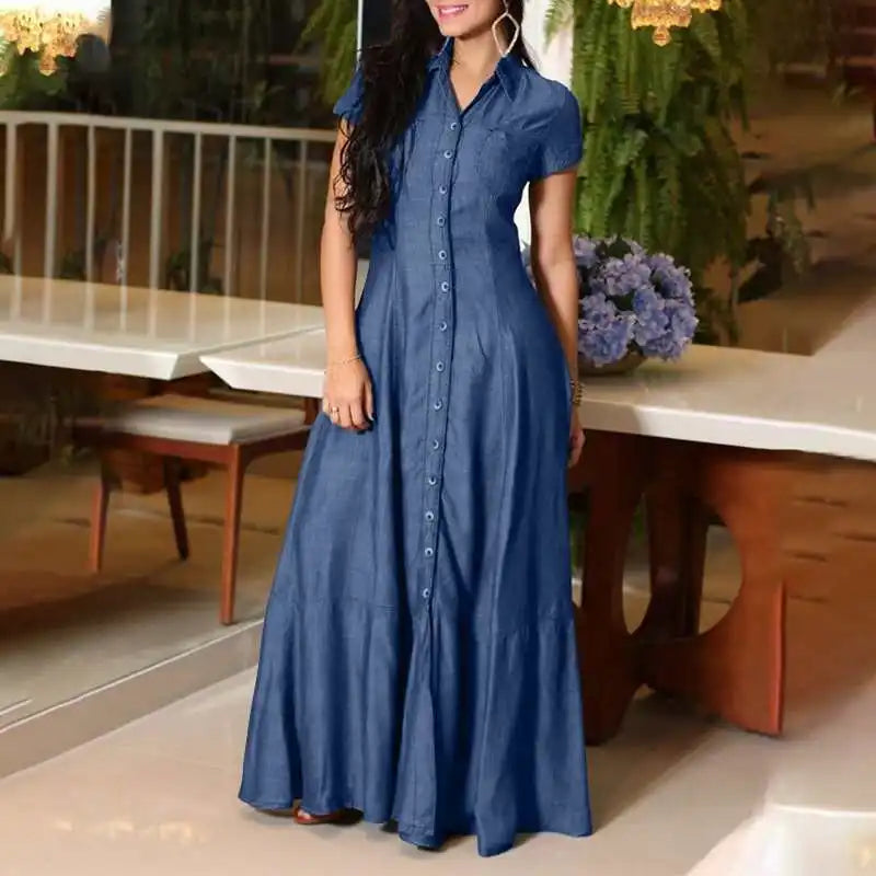Women Denim Dress Elegant Denim Dress with Ruffle Hem Patch Pockets Women's A-line High Waist Long Dress for Casual or Formal