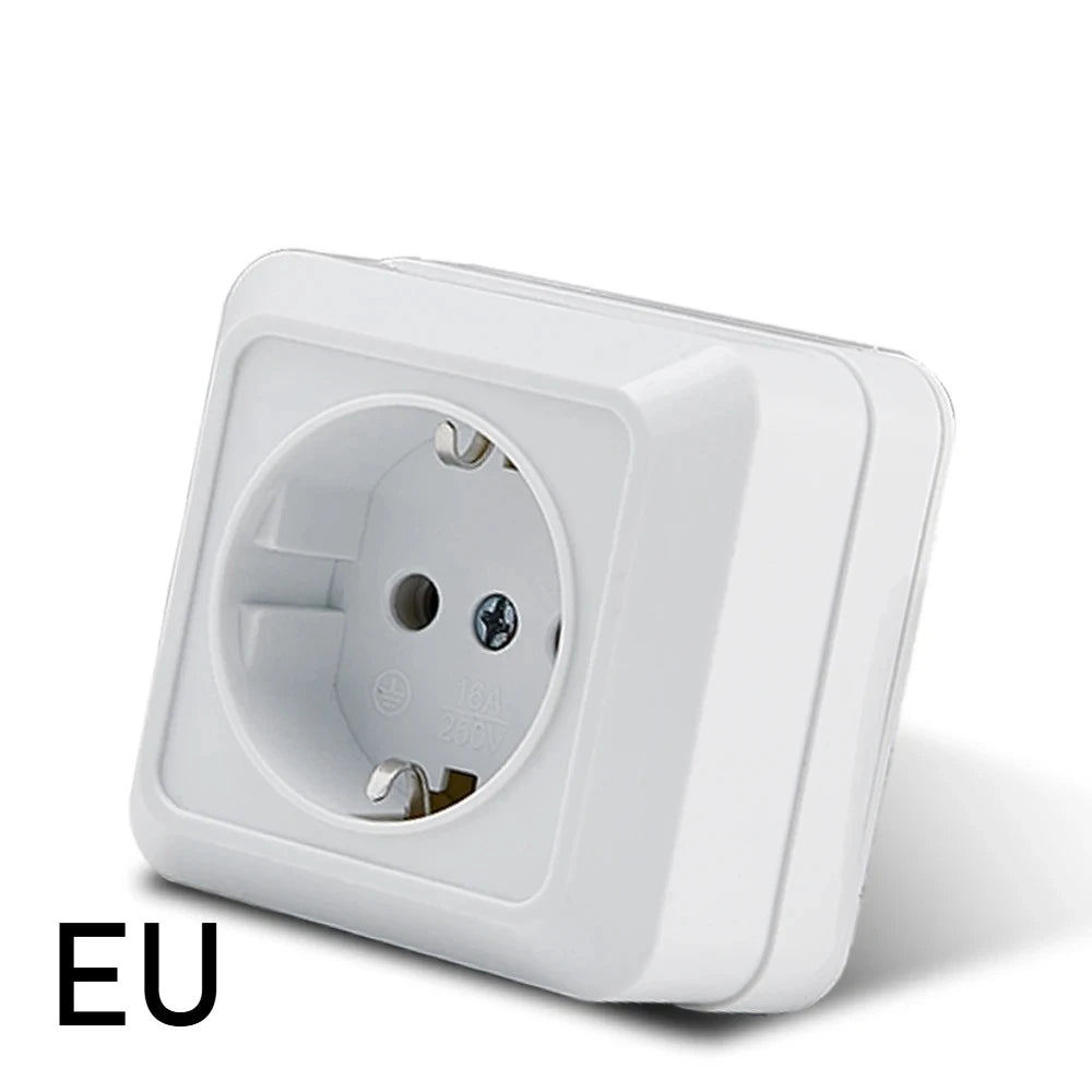 White Wall Mount Socket EU Standard Electrical Outlett Ground Vintage Surface Power Socket Plugs Flame Retardant Plastic