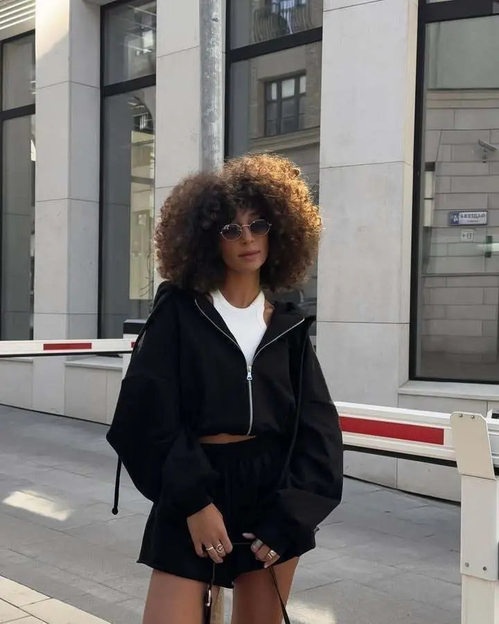 Women's Outfit Long-Sleeve Hooded Drawstring Sweatshirt Shorts Set Two-Piece Sets Sports Suit Sportswear Streetwear Trendy
