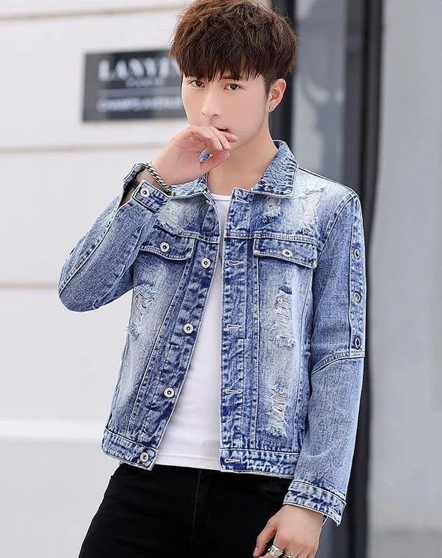 Ripped Button Men's Denim Jacket Washed Branded of Fabric Trendy Casual Original Aesthetic Fashion Male Jean Coats Fast Delvery