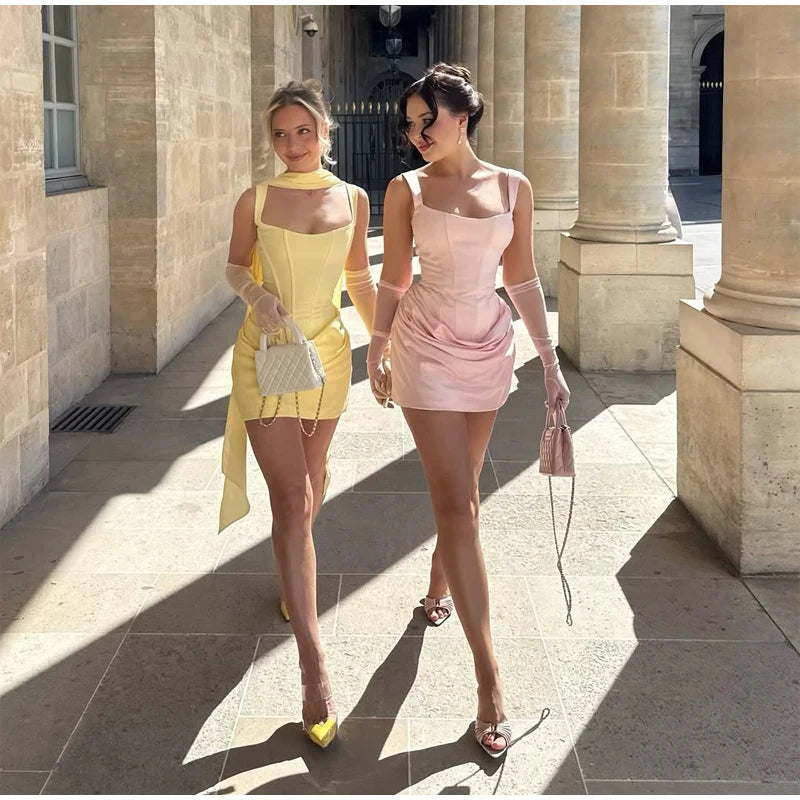 Women Sexy Square-neck Halter Mini Dress 2025 Pleated Sleeveless Backless High Waist Bodycon Dresses New Summer Lady Party Gowns