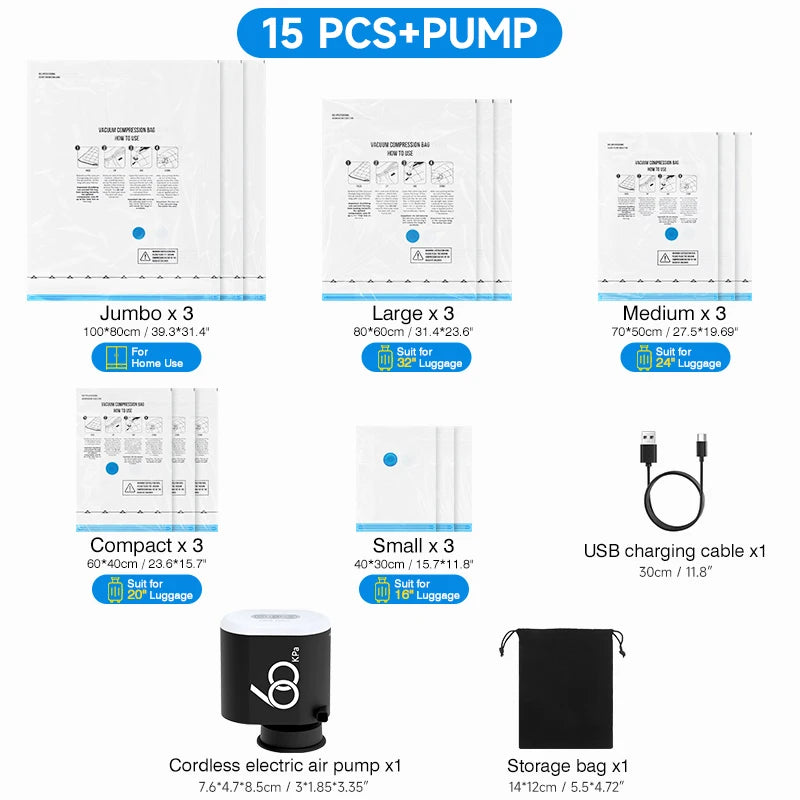 60Kpa Travel 3600mAh Cordless Electric Pump for Vacuum Storage Bags Rechargeable Air Pump Various Seal Space Saver Bag Clothing