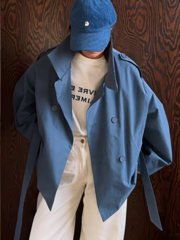 Women Double Breasted Casual Trench Coat Chic Stand Collar Full Sleeve Blue Lace-up Loose Windbreaker Lady Commute Coats 2026