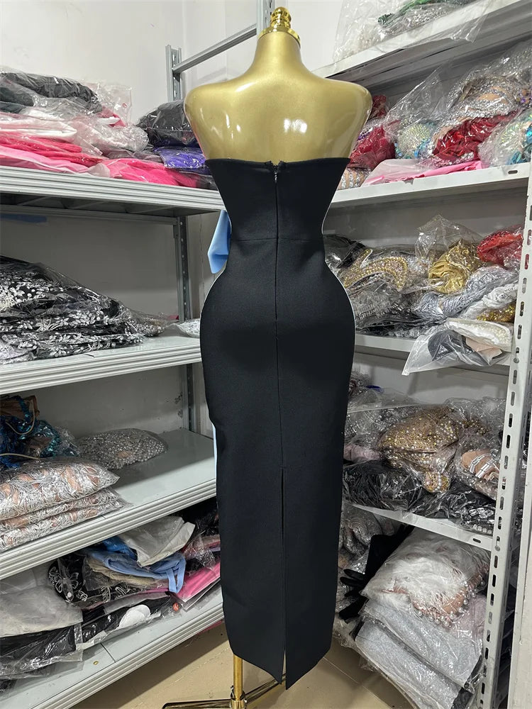 High Quality Women Sexy Strapless Off the Shoulder Bow Bodycon Long Bandage Dress Nightclub Party Celebrate Birthday Outfit