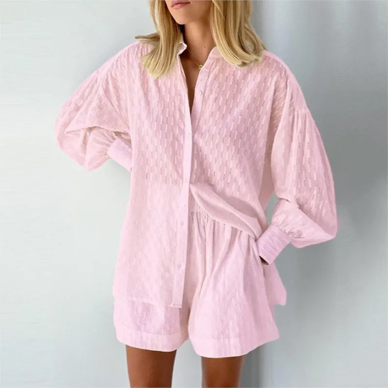 Women's Two Piece Set Outfits Summer Fashion Loose Shorts Long Sleeved Elegant Shirt 2 Piece Sets Suit For Women Streetwear 2026