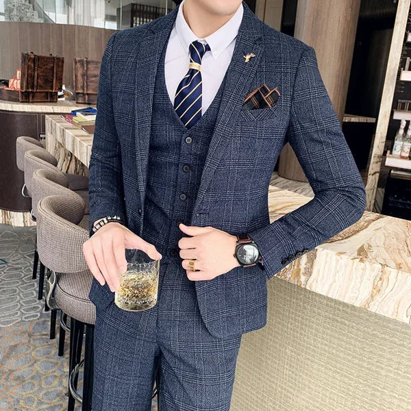 S-7XL ( Blazer + Vest + Pants ) Striped Plaid Solid Color Mens Formal Business Suit 3Pcs Set Groom Wedding Social Show Dress