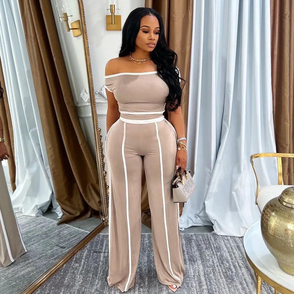 Casual Women's Solid Color Set with Diagonal Shoulders and Wide Legs, Two Piece Set, Summer 2025