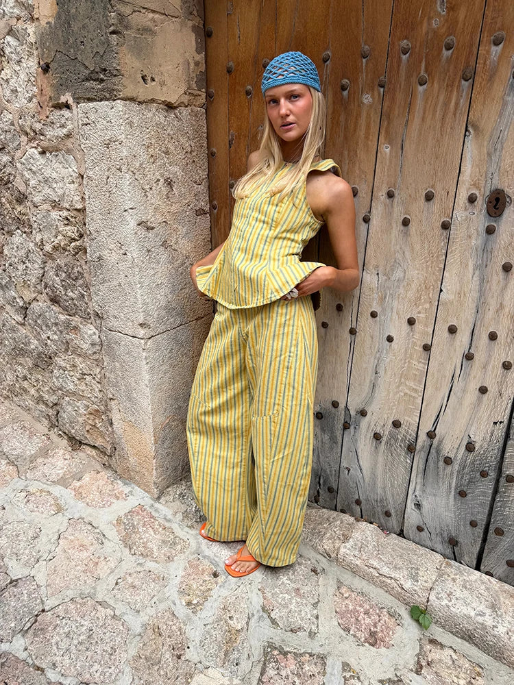 Casual Striped Pleated Vest Pants Women's Set Elegant Sleeveless O-neck Top Wide Leg Trousers 2026 Summer Vacation Lady Outfit