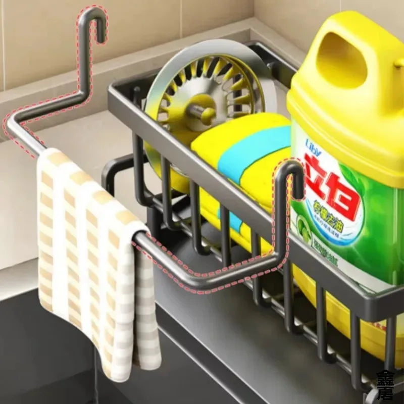 Stainless Steel Kitchen Sink Organizer | Sponge & Soap Storage | Faucet Holder & Towel Rack | Drain Rack with Shelf | Kitchen Ac