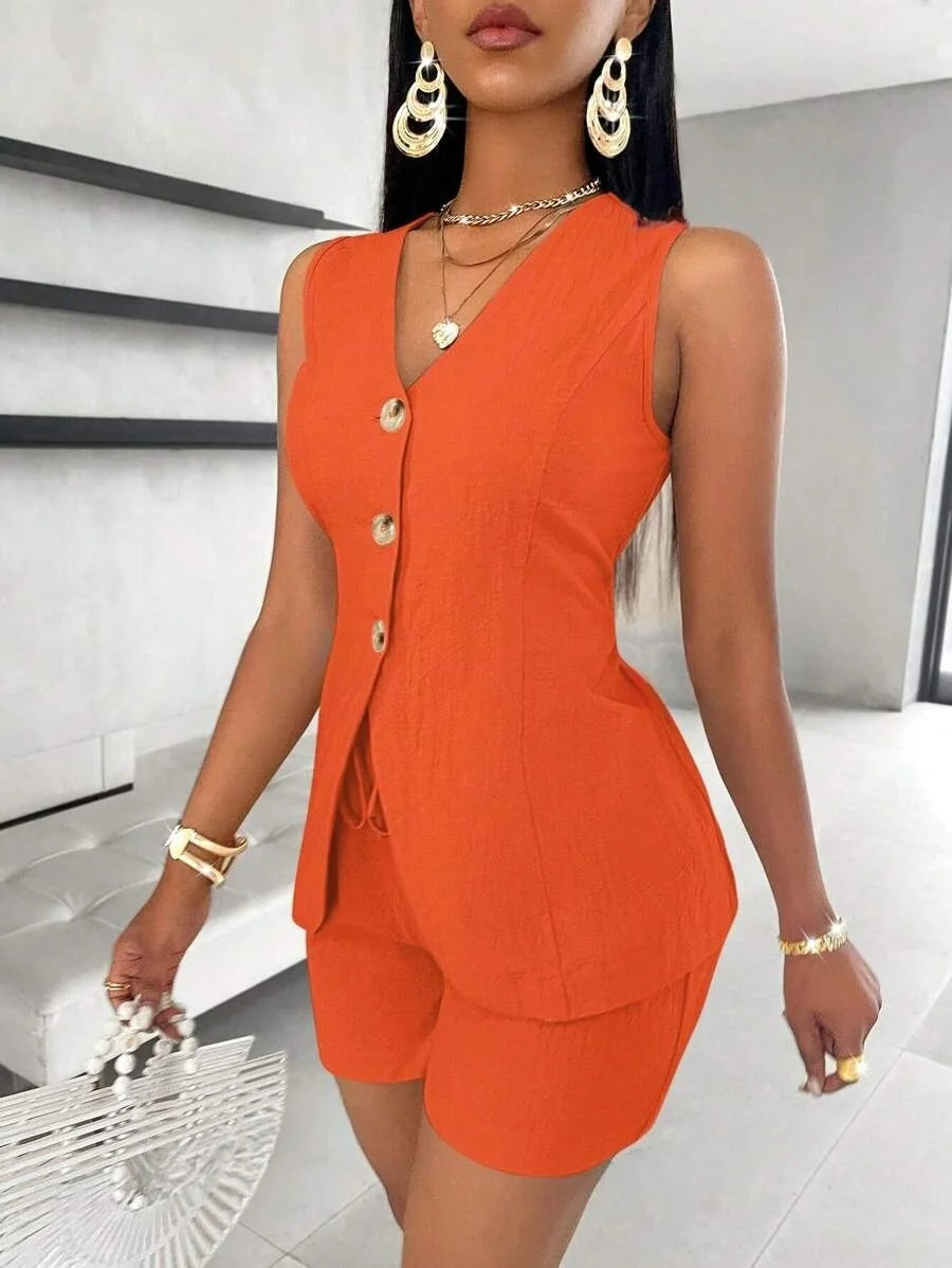 Fashion Casual Shorts Set 2-piece Women's Comfortable Casual Solid Color Button Sleeveless Vest Lace Up Shorts Set