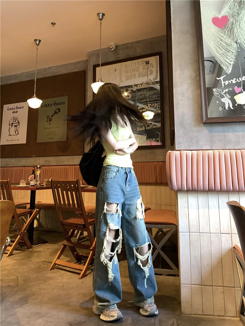 Retro Ripped Jeans for Women Summer High Waisted Loose Straight Leg Pants 2026 New Casual High Street Wide Leg Denim Trousers