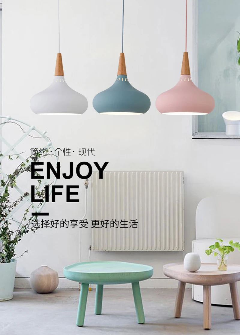 GEW Nordic Modern Funnel Pendant Light Wood Aluminum E27 Multi Color Hanging Lamp for Dining Kitchen Island Bedside
