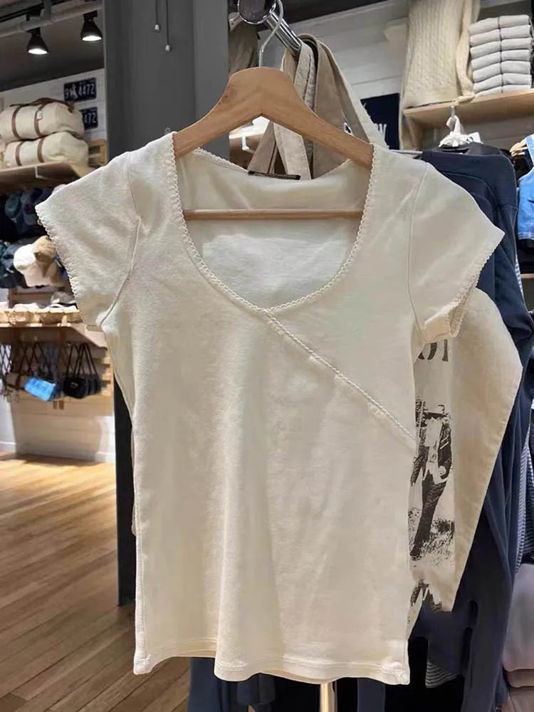 Vintage Slim Fit Cotton T-Shirt Summer V-Neck Streetwear 2025 Femme Sweet Cute Y2K Style Simple Top for Women