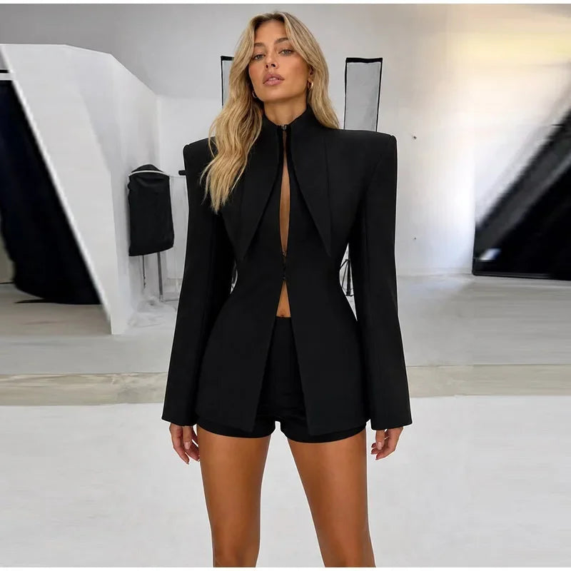 Women's Suit Shorts 2 Piece Set Long Sleeve Stand Collar Solid Coat Short Pants 2026 Summer Autumn Chic Female  Elegant Outfits