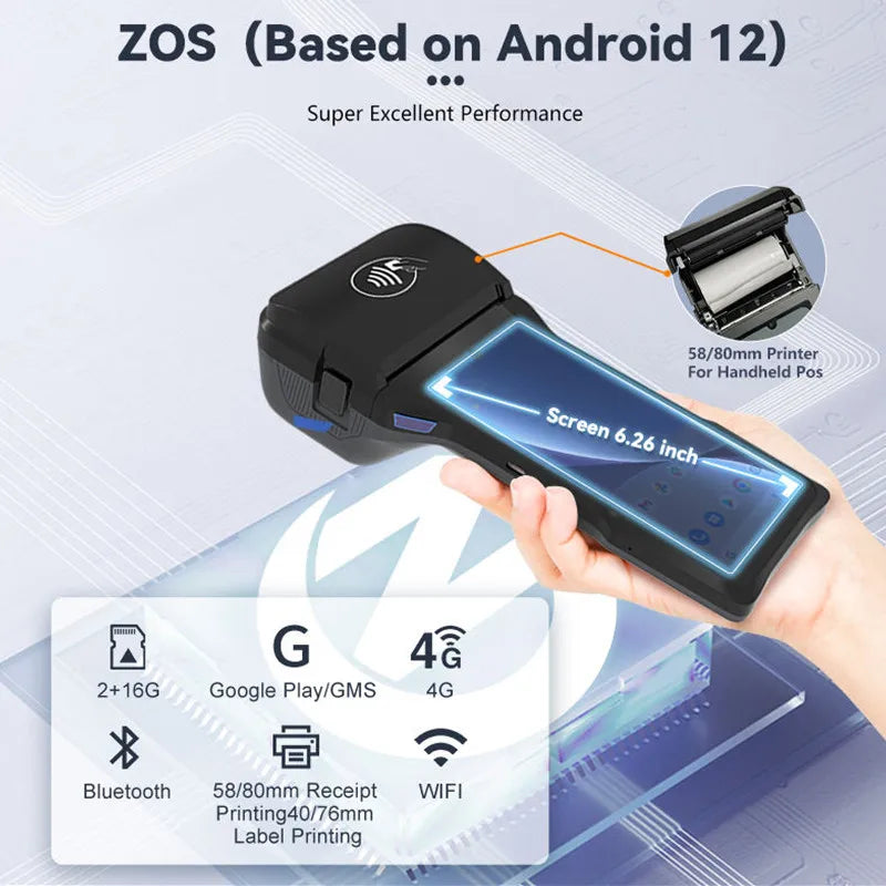 Z93 Handheld 6.26-inch Touch Screen Android 14.0 POS Terminal Cash Register With 4G NFC Camera Scanner 58/80mm Thermal Printer