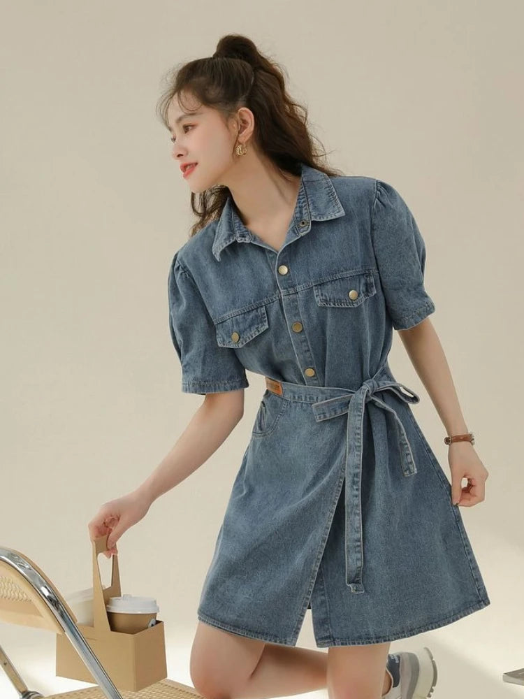 2026 Summer New Slimming Short Sleeve Midi Denim Dress Stylish Trendy Waist Cinching Women's Popular Wear