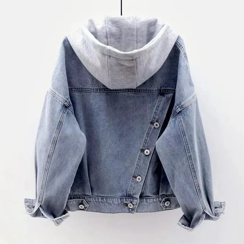Denim Jacket Schoolgirl Korean Version Loose Short Jacket Long-sleeved Hooded Jacket Multi-pocket Versatile Top Autumnand Winter