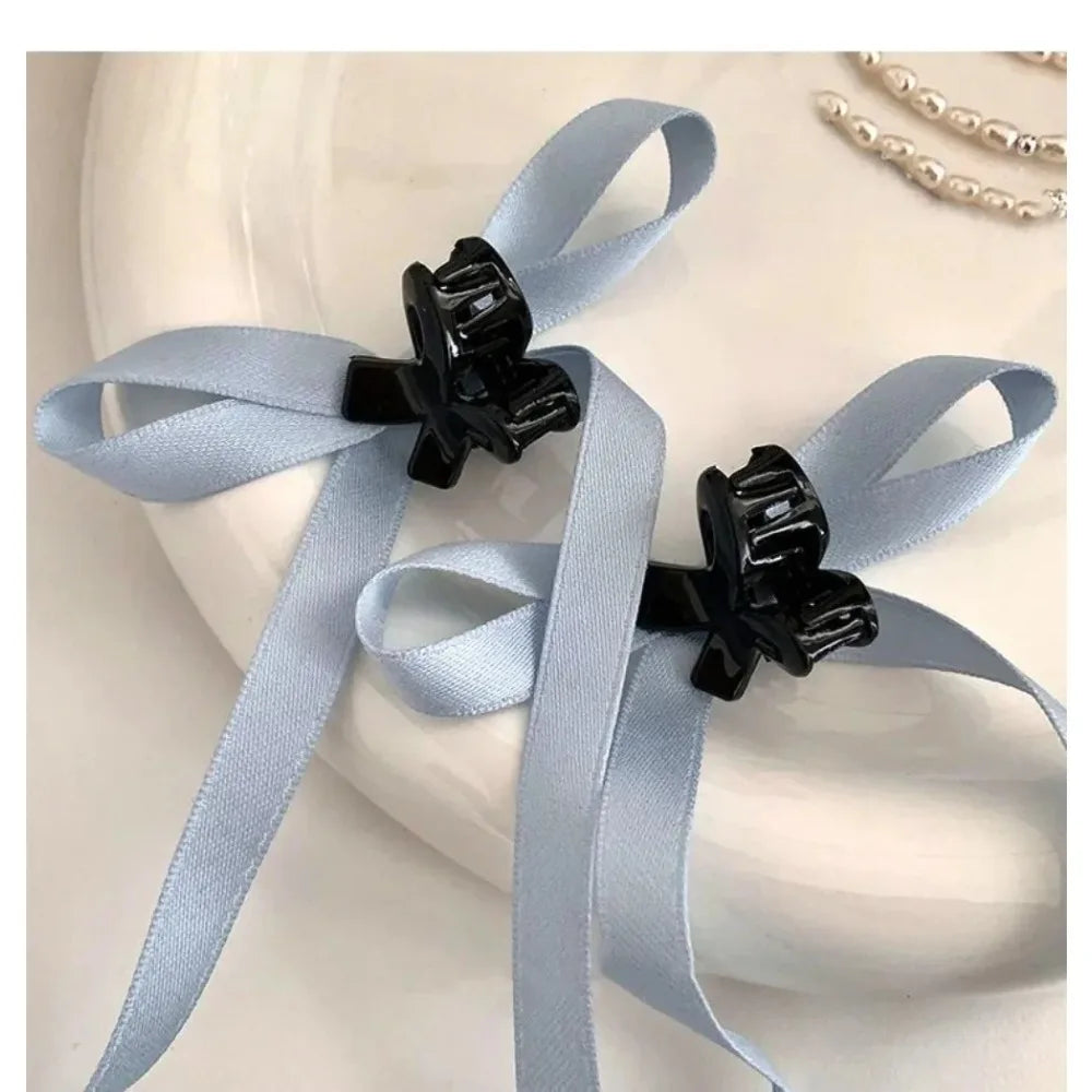 2Pcs Y2K Long Bow Hair Clip Women Girls Ribbon Bow Shark Clip Cute Korean Long Tassel Ribbon Hairpin Girls Hair Accessories