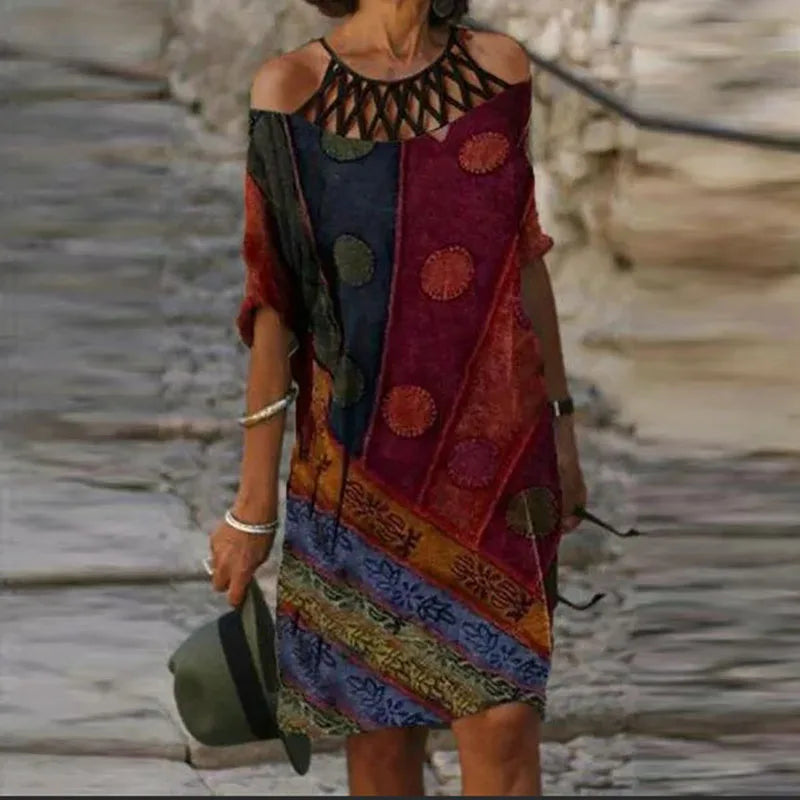 Fashion Retro Printing Women Dress Sexy V-Neck Short Sleeve Loose Beach Homewear Dress Summer Casual Comfy Female Model Dress