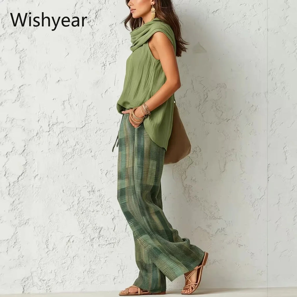 Women’s Casual Pants Set Sleeveless Draped Neck Top and High Waist Plaid Wide Leg Trousers 2 Piece Suit for Office Vacation Club