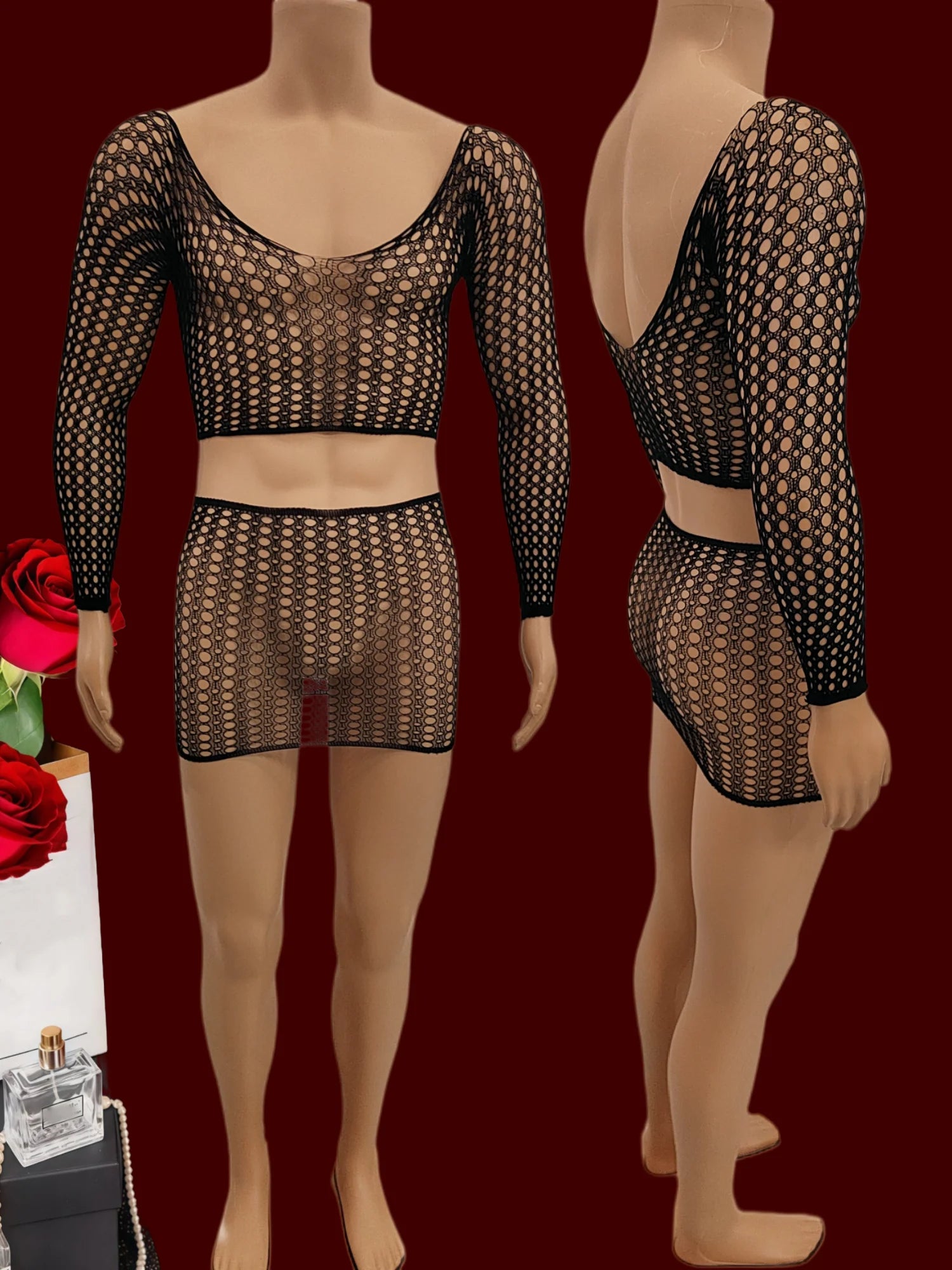 Men Hollow Out Fishnet Lingerie 2Pcs Set Multi Color See Through Mesh Halter Crop Top Briefs Sexy Sleepwear For Club Honeymoon