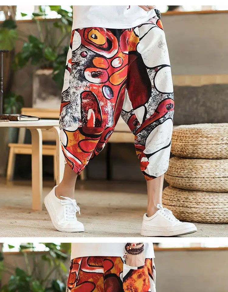 Men's Casual Cotton Linen Seven-Foot Pants Summer plus Size Lantern Loose Fit Shorts Harlan Style Comfortable Breathable Leis...