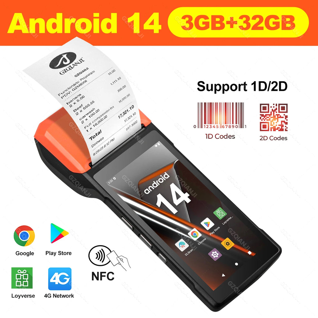 4G Android 14 Upgrade POS Terminal with NFC Handheld Thermal 58mm POS Printer 1D 2D Barcode Scanner All in One for Business