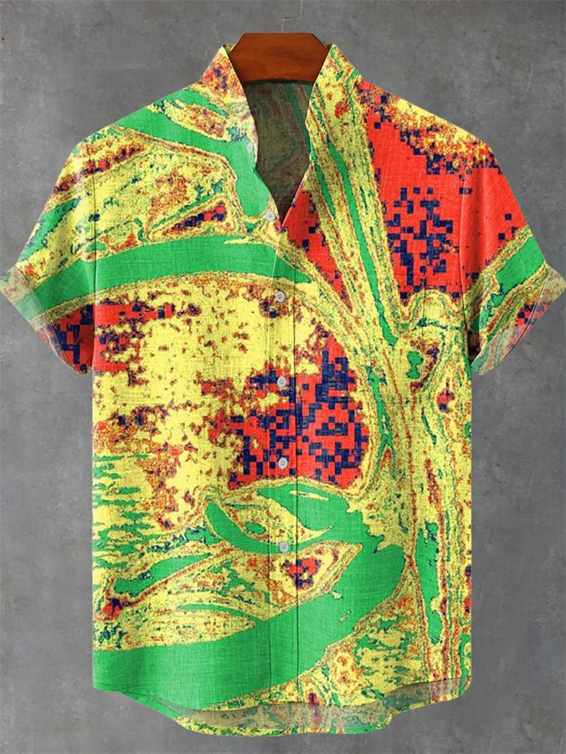Men's Linen Shirt Vintage Short Sleeve Fashion World Tree Top Summer Casual Ethnic Costume Shirt Men's Street Shirt