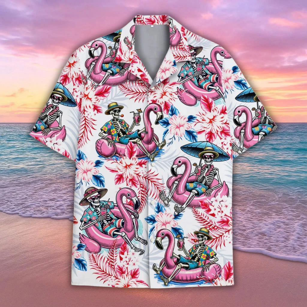 2025 Summer Popular Flamingo Skull  Print Hawaiian Shirts Men Women Comfortable Soft Short Sleeve Shirt Street Daily Trendy Tops