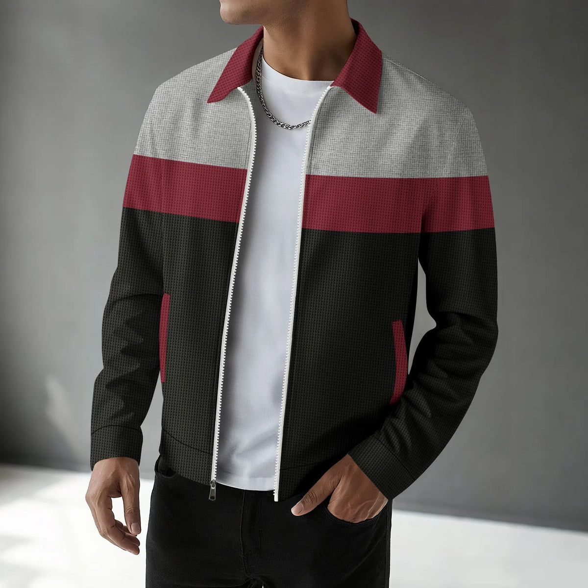 Spring and autumn new trend casual men's jacket with waffle pattern, multi-color zipper long-sleeved coat