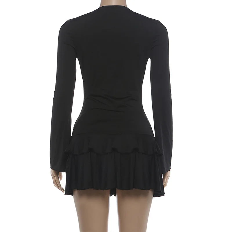 Sibybo Women Lace Patchwork Pleated Mini Dress Fashion Deep V Neck Flare Sleeve Slim Fit A-line Bodycon Dresses Sexy Streetwear