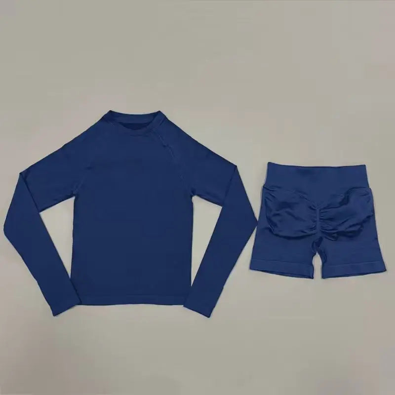 2 Piece Fitness Outfit Women Raglan Long Sleeve Crew Neck Top Hip Shaping Scrunch Shorts Stretch Soft Dance Gym Workout Set