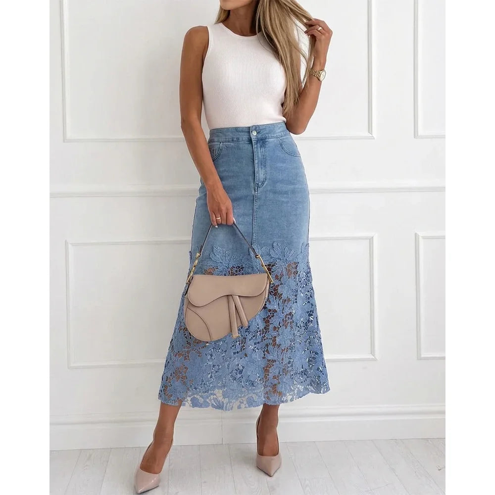 Women Light Wash Denim Midi Skirt High Waist Floral Hollow Lace Patchwork Split Hem A Line Long Jean Skirt Summer Casual