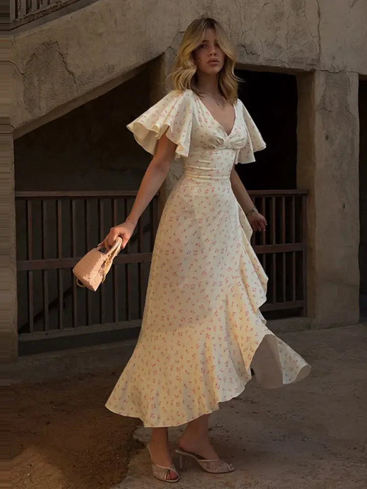 Elegant Print Women Long Dress Chic Ruffle Pleated Short Sleeve V-neck Waist-Closed Female Dresses 2026 Summer Beach Lady Robe
