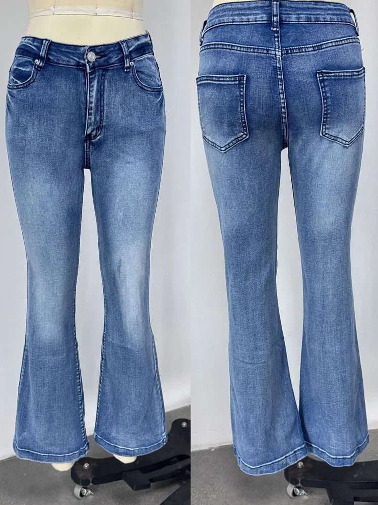 Women Washed Jeans Flare Pants Denim Mid Waist Slim Fit Pockets Button Solid Vintage Full Length Casual Denims Trousers