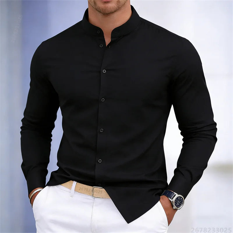 Men's stand-up collar white or black long-sleeved shirt, solid color shirt, slim fit business casual men's top, sizes XS-6XL.